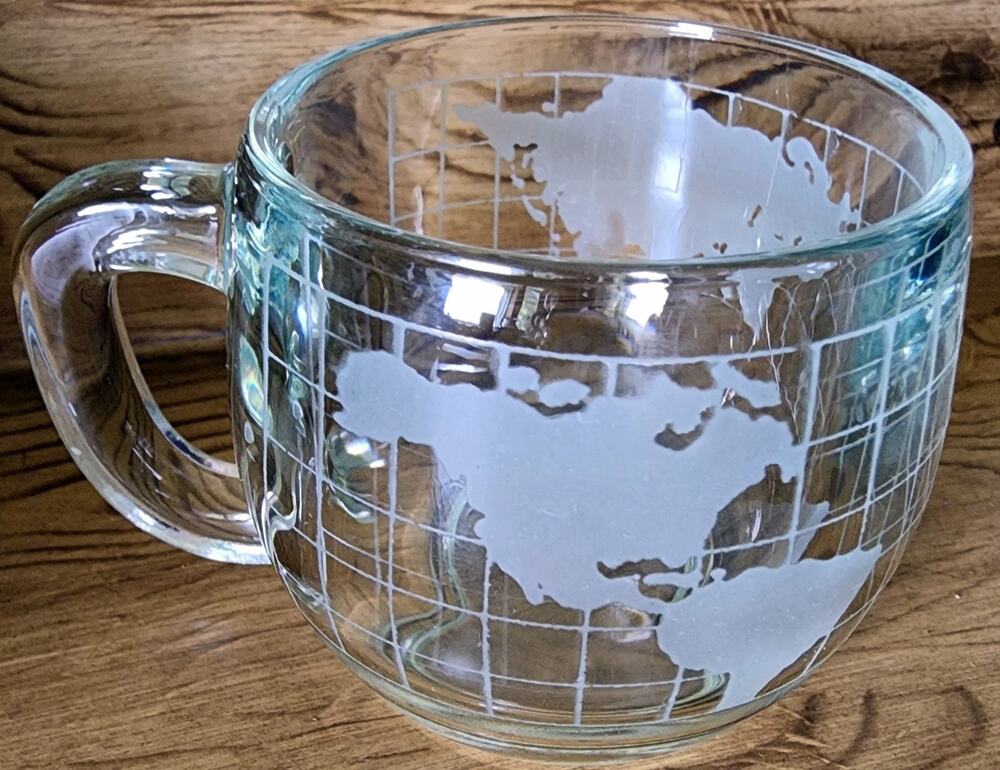 3 VTG Nestle Co Inc Nestles World Globe Clear Etched Glass Coffee Mug Tea Cups